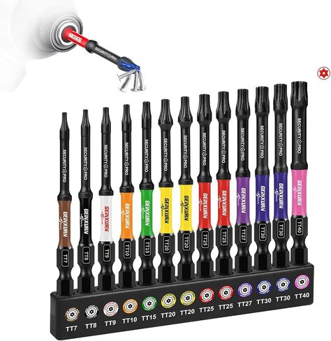 Geinxurn Impact Security Torx Bit Set, 1"/2"/3"/6" 54pcs Magnetic (TT7-TT40) S2 Steel Star Bits with 1/4 Hex-Shank, Long Extension Tamper Proof Screwdriver Bits Stored in Color Coded Base in Kuwait