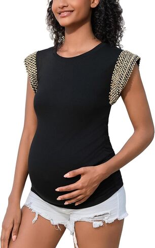 Short Sleeve Sequin Maternity Shirts Metallic Embroidery Crew Neck Maternity Top for Pregnancy Women in Kuwait
