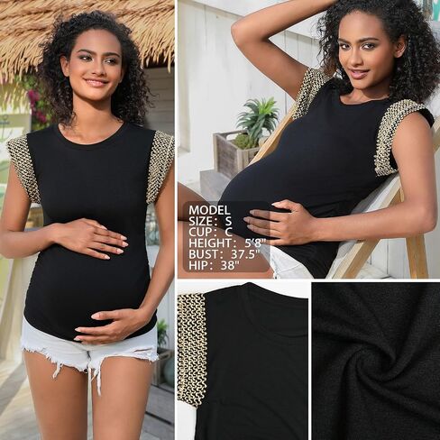 Short Sleeve Sequin Maternity Shirts Metallic Embroidery Crew Neck Maternity Top for Pregnancy Women in Kuwait