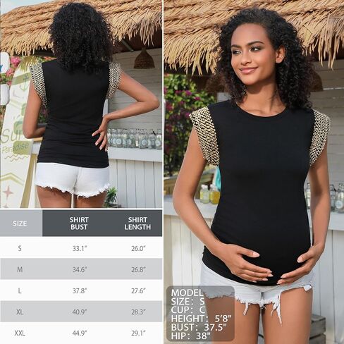 Short Sleeve Sequin Maternity Shirts Metallic Embroidery Crew Neck Maternity Top for Pregnancy Women in Kuwait
