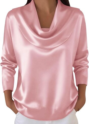 Dressy Tops for Women Long Sleeve Silk Satin Blouses Elegant Business Work Loose Fit Cowl Neck Shirts Summer Outfits in Kuwait