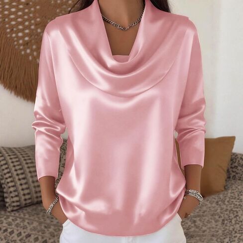 Dressy Tops for Women Long Sleeve Silk Satin Blouses Elegant Business Work Loose Fit Cowl Neck Shirts Summer Outfits in Kuwait