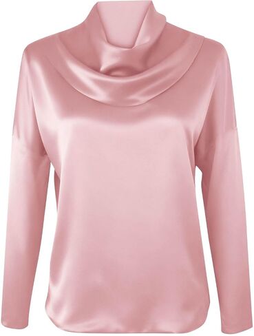 Dressy Tops for Women Long Sleeve Silk Satin Blouses Elegant Business Work Loose Fit Cowl Neck Shirts Summer Outfits in Kuwait