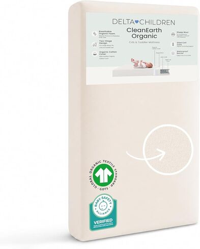 Delta Children CleanEarth Certified Organic Crib and Toddler Mattress – GOTS Certified, Non-Toxic Breathable Baby Mattress - Regulates Temperature, 10-Year Warranty in Kuwait