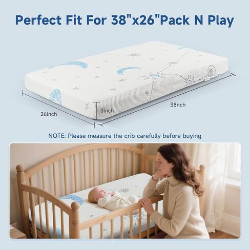 PanKers Pack and Play Mattress 38"x26", Dual Sided Premium Memory Foam Pack N Play Mattresses for Baby Toddler, Breathable Mattress for Pack N Play Pen with Washable Cover in Kuwait