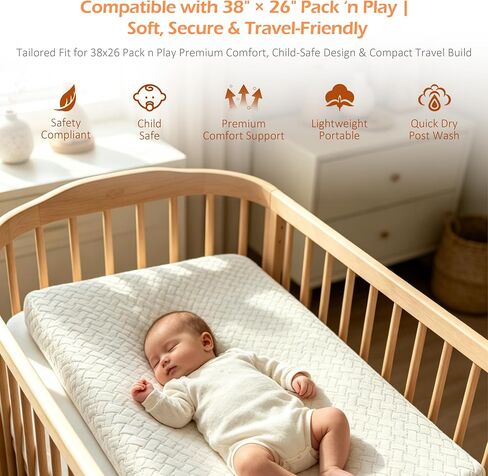 PanKers Pack and Play Mattress 38"x26" – Dual Sided Memory Foam Pack N Play Mattress Pad with Breathable Removable Cover, Non-Slip Bottom, Firm & Plush Support for Baby in Kuwait