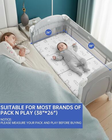 Pack and Play Mattress Pad,38x26 Dual-Sided Soft&Firm Memory Foam | Foldable,Portable,Breathable Animal Jacquard Cover,Travel Bag,Pack N Play Mattresses in Kuwait