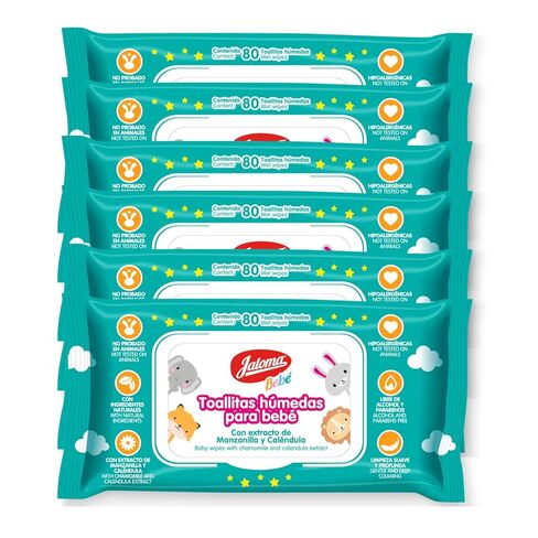 JALOMA Baby Wipes, Pack of 6, 80 Wipes Each (480 Count) | Chamomile and Calendula Extract, Hypoallergenic, Paraben Free in Kuwait