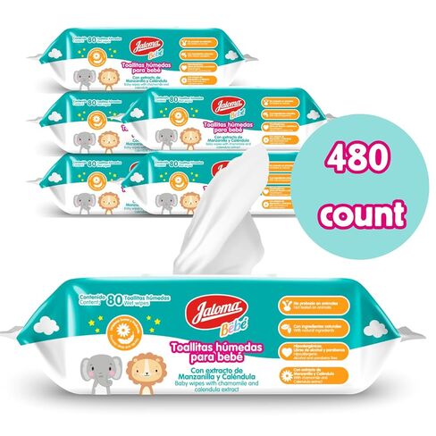 JALOMA Baby Wipes, Pack of 6, 80 Wipes Each (480 Count) | Chamomile and Calendula Extract, Hypoallergenic, Paraben Free in Kuwait