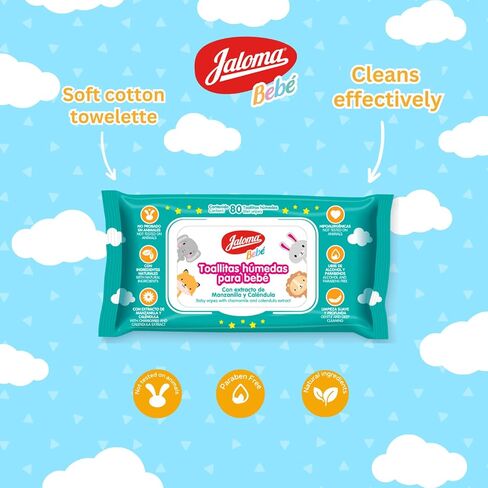 JALOMA Baby Wipes, Pack of 6, 80 Wipes Each (480 Count) | Chamomile and Calendula Extract, Hypoallergenic, Paraben Free in Kuwait