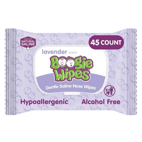 Boogie Wipes - Gentle Saline Nose Wipes Lavender Scent - 45 Count | Hypoallergenic & Alcohol-Free, Allergy Relief, Made with Natural Saline, Aloe, Chamomile & Vitamin E, Diaper Bag Essential in Kuwait