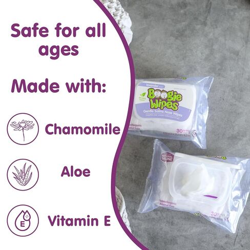 Boogie Wipes - Gentle Saline Nose Wipes Lavender Scent - 45 Count | Hypoallergenic & Alcohol-Free, Allergy Relief, Made with Natural Saline, Aloe, Chamomile & Vitamin E, Diaper Bag Essential in Kuwait