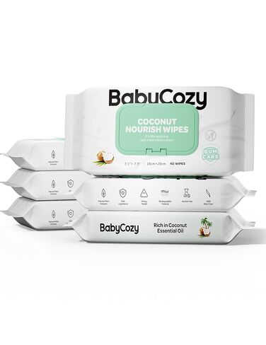 Babycozy Wet Wipes Plus Lotion, Cleansing & Moisturizing 2-in-1 for Sensitive Skin, 100% Plant Fiber & Biodegradable, Hypoallergenic Coconut Baby Wipes Moisturize Every Cleanse, 240 count (6 pack) in Kuwait