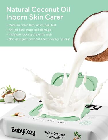 Babycozy Wet Wipes Plus Lotion, Cleansing & Moisturizing 2-in-1 for Sensitive Skin, 100% Plant Fiber & Biodegradable, Hypoallergenic Coconut Baby Wipes Moisturize Every Cleanse, 240 count (6 pack) in Kuwait