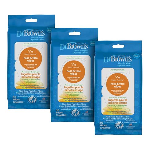 Dr. Brown's Nose and Face Healthy Wipes, Safe Cleaning and Moisturizing for Babies and Toddlers, Hypoallergenic for Sensitive Skin, 30 count, 3-Pack (Packaging May Vary) in Kuwait