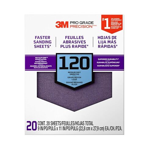 3M Pro Grade No-Slip Grip Advanced Sandpaper, 120 Grit, 9" x 11" Sheets – 20-Pack for Wood, Metal, and Paint Surfaces in Kuwait
