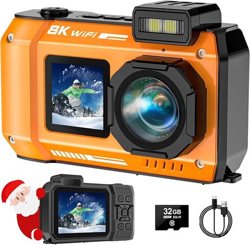 70MP 33FT WiFi Waterproof Digital Camera with 32GB Card, UHD 8K Underwater Camera, 18X Floatable Digital, Auto Focus Waterproof Dual-Screen Selfie 2500mAh Battery, in Kuwait