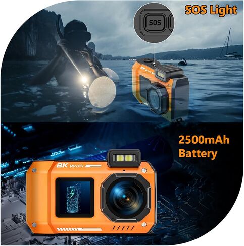 70MP 33FT WiFi Waterproof Digital Camera with 32GB Card, UHD 8K Underwater Camera, 18X Floatable Digital, Auto Focus Waterproof Dual-Screen Selfie 2500mAh Battery, in Kuwait