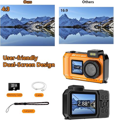 70MP 33FT WiFi Waterproof Digital Camera with 32GB Card, UHD 8K Underwater Camera, 18X Floatable Digital, Auto Focus Waterproof Dual-Screen Selfie 2500mAh Battery, in Kuwait