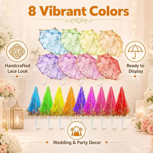 DJMUMU 8 Pcs 16 Inch Large Indian Decorative Umbrellas for Weddings, 20-Inch Lace Parasol Umbrella Handmade Embroidered Multicolored Boho Umbrellas for Party Decor, Mehndi Haldi & Garden in Kuwait
