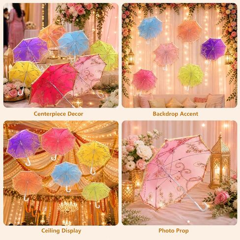 DJMUMU 8 Pcs 16 Inch Large Indian Decorative Umbrellas for Weddings, 20-Inch Lace Parasol Umbrella Handmade Embroidered Multicolored Boho Umbrellas for Party Decor, Mehndi Haldi & Garden in Kuwait