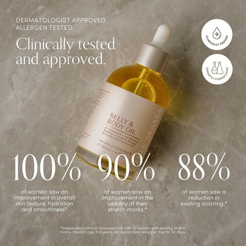 Belly Oil for Pregnancy, Dermatologically & Clinically Tested for Stretch Marks, Improves Hydration & Elasticity, Natural & Organic + Jojoba, Sweet Almond Oil & Vitamin E, 4.9 fl.oz in Kuwait