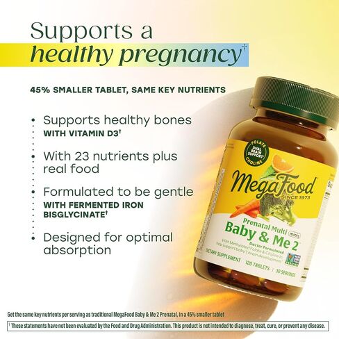 MegaFood Baby & Me 2 Prenatal Multi Minis - Prenatal Vitamins for Women with Choline & Methyl Folate - Gluten-Free, Vegetarian, Pre Natal Multivitamin for Women – 120 Minis Tablets, 30 Servings | Prenatal Vitamins for Women with Methylfolate, Choline, Iro in Kuwait