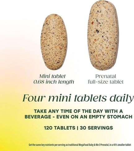MegaFood Baby & Me 2 Prenatal Multi Minis - Prenatal Vitamins for Women with Choline & Methyl Folate - Gluten-Free, Vegetarian, Pre Natal Multivitamin for Women – 120 Minis Tablets, 30 Servings | Prenatal Vitamins for Women with Methylfolate, Choline, Iro in Kuwait