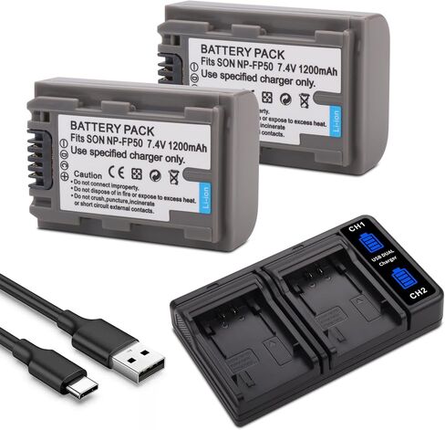 2-Pack NP-FP50 Battery with Dual Charger for Sony NP-FP30 NP-FP60 NP-FP70 | DCR-DVD103 DCR-DVD105 DCR-DVD202 DCR-HC16 DCR-HC18 DCR-HC19 DCR-HC20 DCR-HC21 DCR-HC22 HandyCams in Kuwait