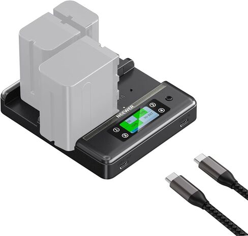 NEEWER NP-F970 4 Channel Charger with Smart Power Consolidation Compatible with Sony NP-F550 750 Camcorder NPF Camera Battery, PD100W Fast Charging/PD100W Charger/Dual USB C/OLED Display, NW-F4R in Kuwait