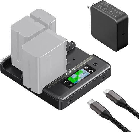 NEEWER NP-F970 4 Channel Charger with Smart Power Consolidation Compatible with Sony NP-F550 750 Camcorder NPF Camera Battery, PD100W Fast Charging/PD100W Charger/Dual USB C/OLED Display, NW-F4R in Kuwait