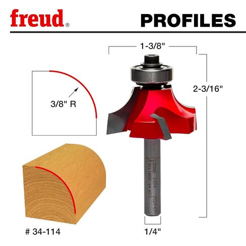 Freud Quadra-Cut Radius Rounding Over Bit with Perma-Shield Coating for Flawless Finish - 4 Cutters, 1/4" Shank Dia., 3/8" Radius, 2-3/16" Length - 34-114 in Kuwait
