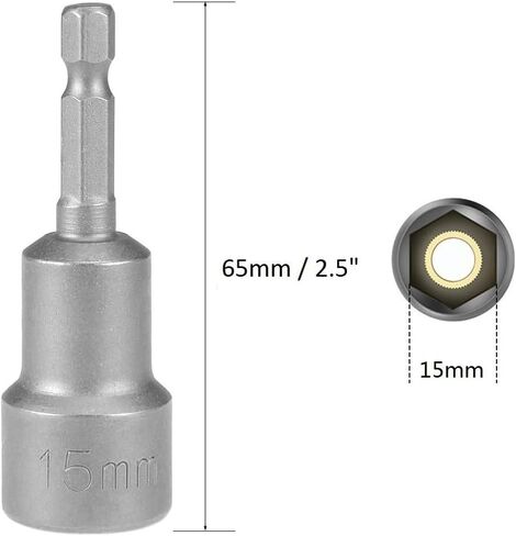 15mm Magnetic Socket, 1/4" Hex Socket Bits for Power Drills, Nut Driver and Impact Socket Adapter, 65mm Length in Kuwait