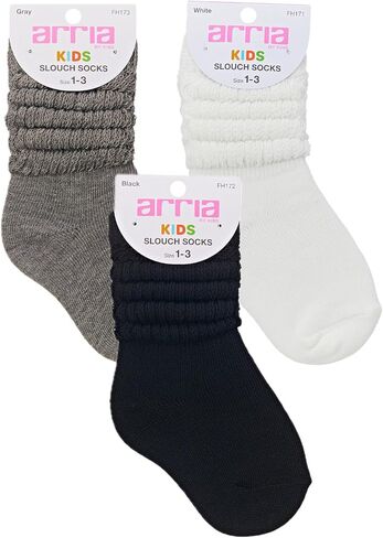 ARRIA Kids Slouch Socks – Multipack Soft Breathable Cotton Unisex Crew, Cozy All-Day Fit, Trendy Slouch Style, Fun Vibrant Colors (Blk/Wht/Gry, 13m-3y) in Kuwait