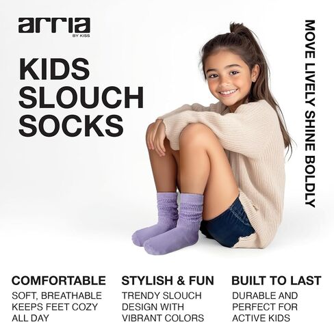 ARRIA Kids Slouch Socks – Multipack Soft Breathable Cotton Unisex Crew, Cozy All-Day Fit, Trendy Slouch Style, Fun Vibrant Colors (Blk/Wht/Gry, 13m-3y) in Kuwait