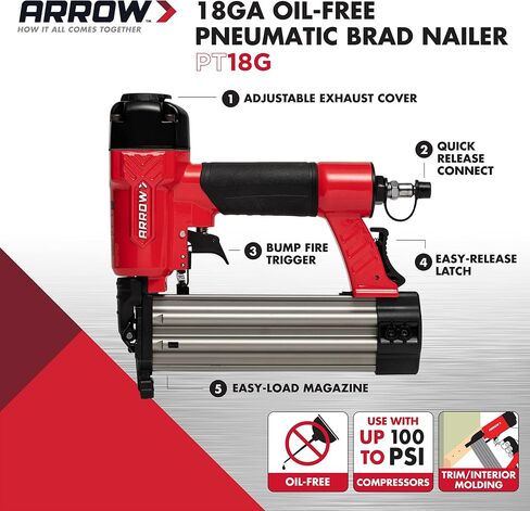 Arrow PT18G Gauge Oil-Free Pneumatic Brad Nailer - Small Light Trim and Interior Molding Work, Operates Up to 100psi Compression Unit, Fits 5/8", 3/4", 1", 1.5", 2" Brad Nails in Saudi Arabia