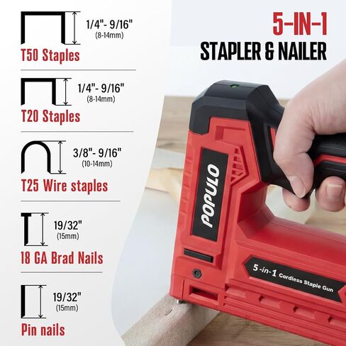 POPULO Electric Staple Gun 5 in 1 Band Nailer, 4V Rechargeable Cordless Stapler, Pin Nail Gun Battery Powered with 2,000 Staples and Nails, Power Wire Staple Gun for Home, Wood, Upholstery, DIY in Kuwait