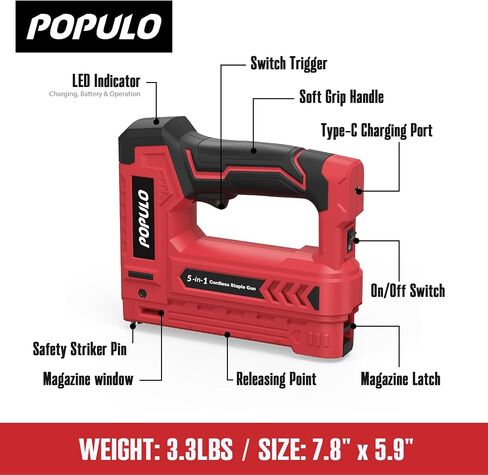 POPULO Electric Staple Gun 5 in 1 Band Nailer, 4V Rechargeable Cordless Stapler, Pin Nail Gun Battery Powered with 2,000 Staples and Nails, Power Wire Staple Gun for Home, Wood, Upholstery, DIY in Kuwait
