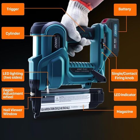 Brad Nailer Electric, 18 Gauge Brad Nail Gun, 2-in-1 Brad Nailer with 800pcs Nails&Staples, Nail Gun with 2×2.0Ah Batteries, for Woodworking, Home Improvement JOVANT in Kuwait