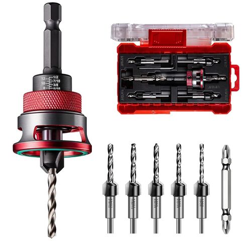 5Pcs Countersink Drill Bit Set with Aluminum Alloy Depth Stop Collar, HSS M2 Bits 1/8 9/64" 5/32" Drill+3/8" 82° Counter-Bore,11/64" 3/16" Drill+ 1/2" 82° Counter Bore (Red) in Kuwait