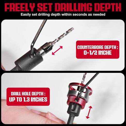 5Pcs Countersink Drill Bit Set with Aluminum Alloy Depth Stop Collar, HSS M2 Bits 1/8 9/64" 5/32" Drill+3/8" 82° Counter-Bore,11/64" 3/16" Drill+ 1/2" 82° Counter Bore (Red) in Kuwait