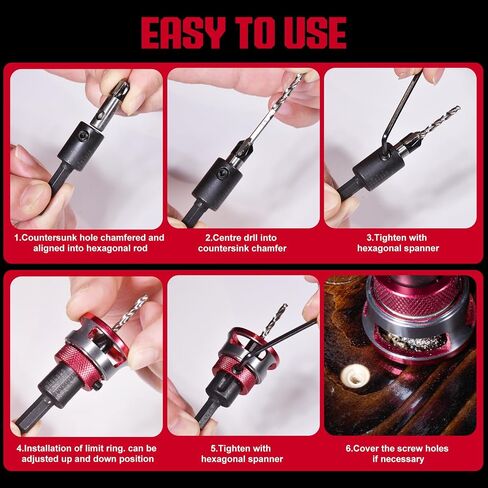 5Pcs Countersink Drill Bit Set with Aluminum Alloy Depth Stop Collar, HSS M2 Bits 1/8 9/64" 5/32" Drill+3/8" 82° Counter-Bore,11/64" 3/16" Drill+ 1/2" 82° Counter Bore (Red) in Kuwait