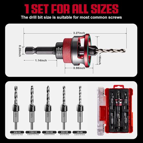5Pcs Countersink Drill Bit Set with Aluminum Alloy Depth Stop Collar, HSS M2 Bits 1/8 9/64" 5/32" Drill+3/8" 82° Counter-Bore,11/64" 3/16" Drill+ 1/2" 82° Counter Bore (Red) in Kuwait