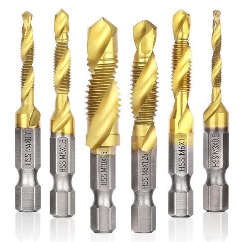 Drill Tap Set 6Pcs, Titanium Plated Combination Taps Drill Bit Set | M3 M4 M5 M6 M8 M10 Hex Shank HSS Screw Thread Metric Compound Tap Drill Bits Metal Drilling in Kuwait
