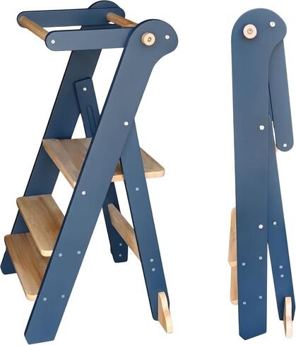 Foldable Toddler Tower for Kitchen Learning, Adjustable Height Kids Standing Stool with Safety Net - Folding Step Stool for Cooking & Eating, Ages 18 Months to 6 Years (Blue Gray) in Kuwait