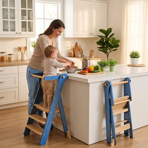 Foldable Toddler Tower for Kitchen Learning, Adjustable Height Kids Standing Stool with Safety Net - Folding Step Stool for Cooking & Eating, Ages 18 Months to 6 Years (Blue Gray) in Kuwait