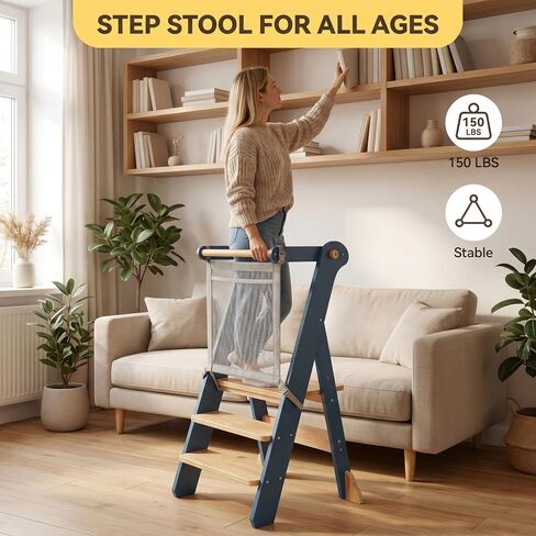 Foldable Toddler Tower for Kitchen Learning, Adjustable Height Kids Standing Stool with Safety Net - Folding Step Stool for Cooking & Eating, Ages 18 Months to 6 Years (Blue Gray) in Kuwait