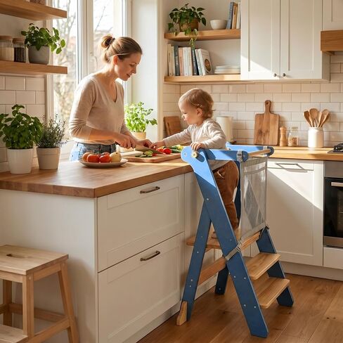 Foldable Toddler Tower for Kitchen Learning, Adjustable Height Kids Standing Stool with Safety Net - Folding Step Stool for Cooking & Eating, Ages 18 Months to 6 Years (Blue Gray) in Kuwait