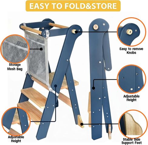 Foldable Toddler Tower for Kitchen Learning, Adjustable Height Kids Standing Stool with Safety Net - Folding Step Stool for Cooking & Eating, Ages 18 Months to 6 Years (Blue Gray) in Kuwait