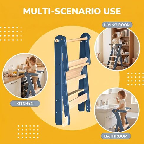 Foldable Toddler Tower for Kitchen Learning, Adjustable Height Kids Standing Stool with Safety Net - Folding Step Stool for Cooking & Eating, Ages 18 Months to 6 Years (Blue Gray) in Kuwait